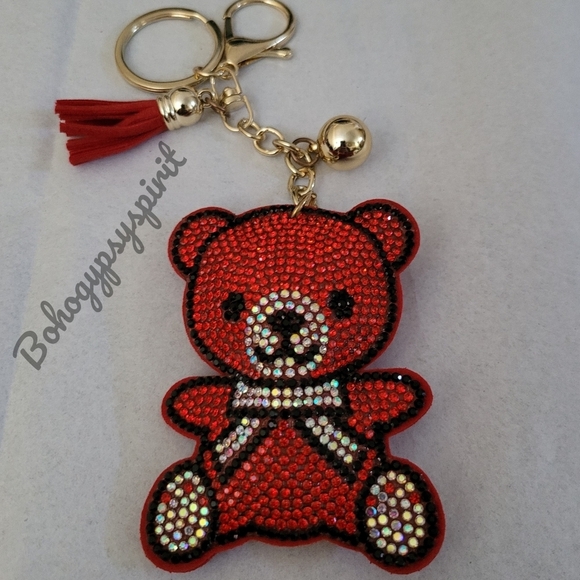 Bling Teddy Bear Crystal Rhinestone Keychain Bag Charm With Red Tassel - Picture 8 of 15